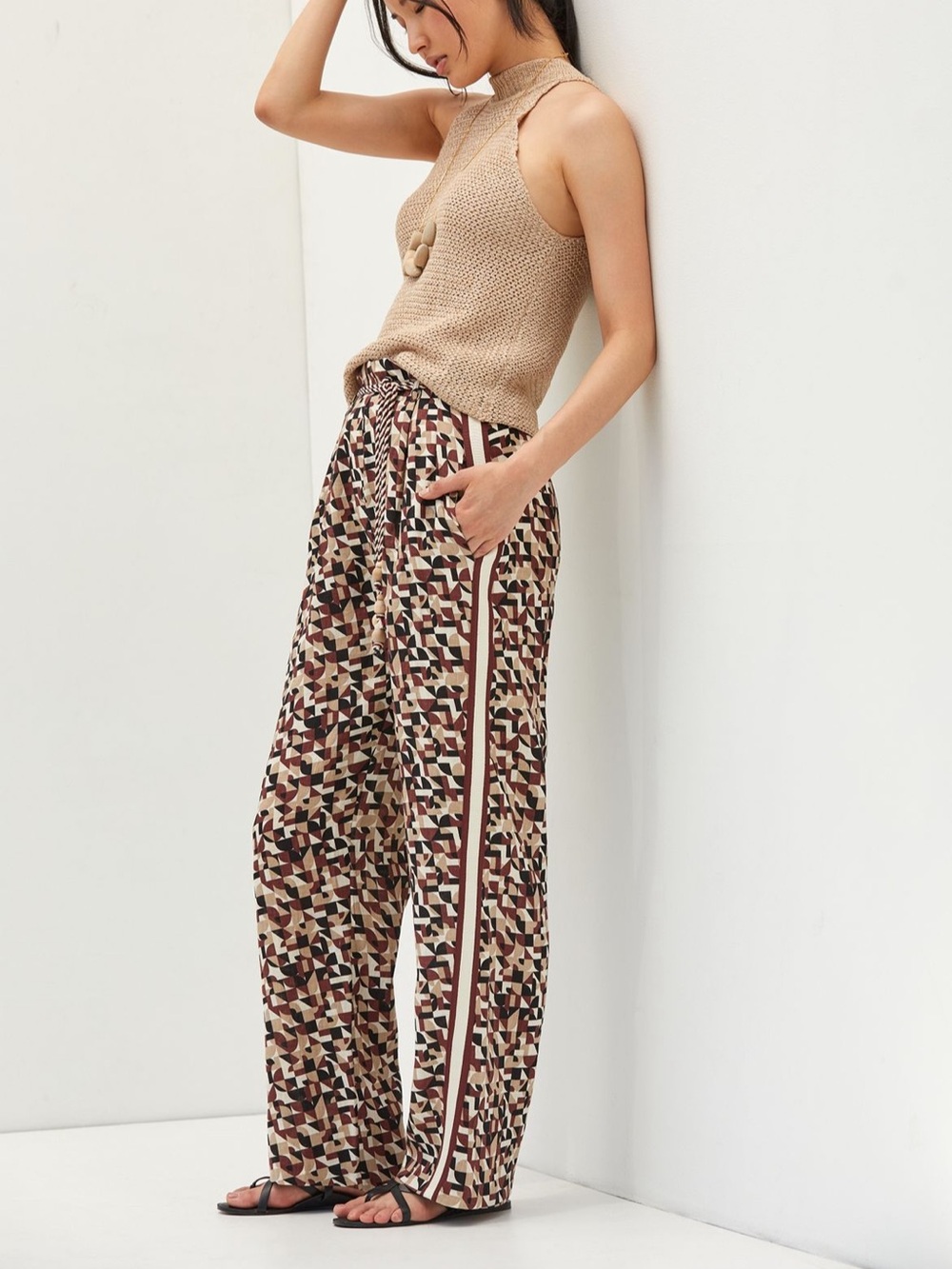 Anthropologie Geometric Wide-Leg Track Pants - Beige, Brown, Black